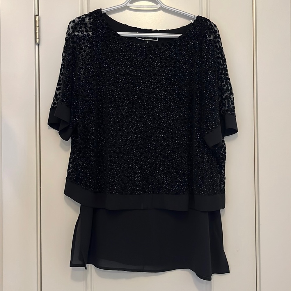 Black sparkly, velvety sheer top with black underlay. Sheer sleeves.